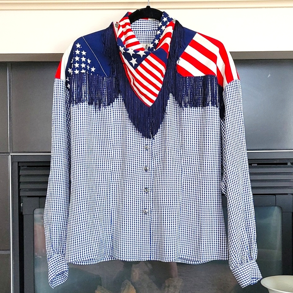 Pamela Brandt California vintage Cowgirl Stars-stripes fringe shirts Size 8